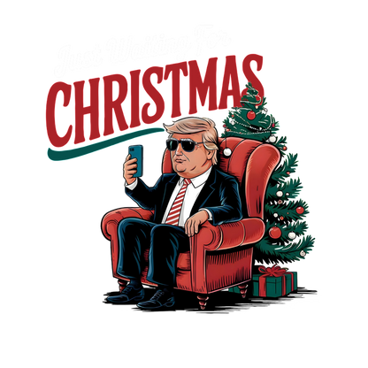 A whimsical holiday graphic featuring a character in a suit sitting in a cozy armchair, waiting for Christmas.DTF Transfers dtf prints