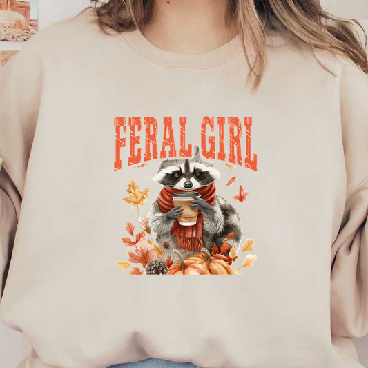 A charming raccoon wearing a cozy scarf holds a coffee cup surrounded by autumn leaves and pumpkins, topped with "FERAL GIRL." dtf transfers