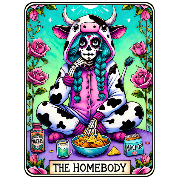 A vibrant illustration of a girl in a cow onesie, enjoying nachos and surrounded by roses, embodying the cozy spirit of a homebody. heat press transfers