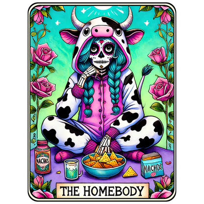 A vibrant illustration of a girl in a cow onesie, enjoying nachos and surrounded by roses, embodying the cozy spirit of a homebody. heat press transfers