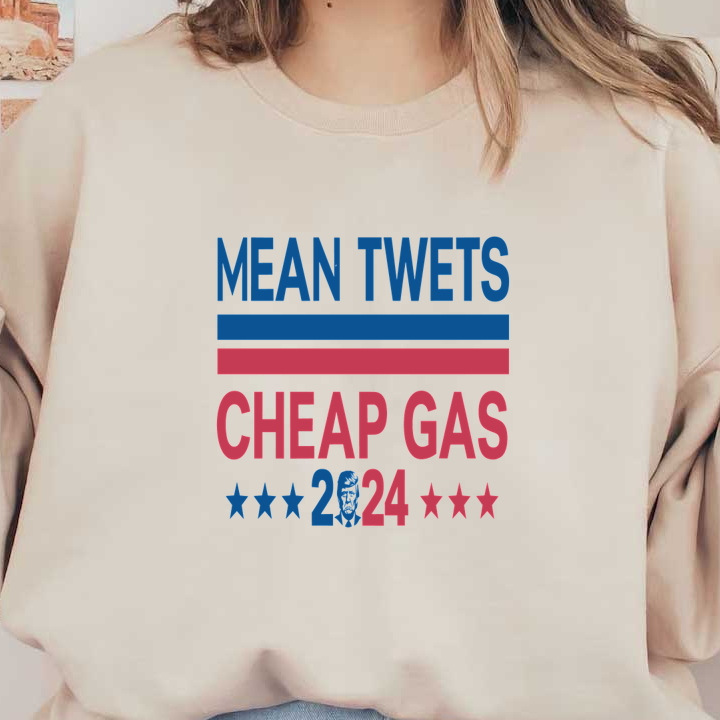 Un gráfico audaz que presenta el texto "Mean Tweets Cheap Gas 2024" en rojo y azul, acentuado con estrellas para un tema político lúdico.