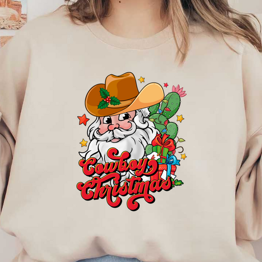 A cheerful Santa in a cowboy hat surrounded by cactus and festive gifts, celebrating a whimsical Cowboy Christmas. heat press transfers