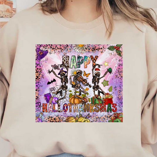 Celebrate the festive spirit with playful skeletons in a vibrant collage of Halloween, Thanksgiving, and Christmas elements!DTF Transfersdtf regular iron dtf transfers