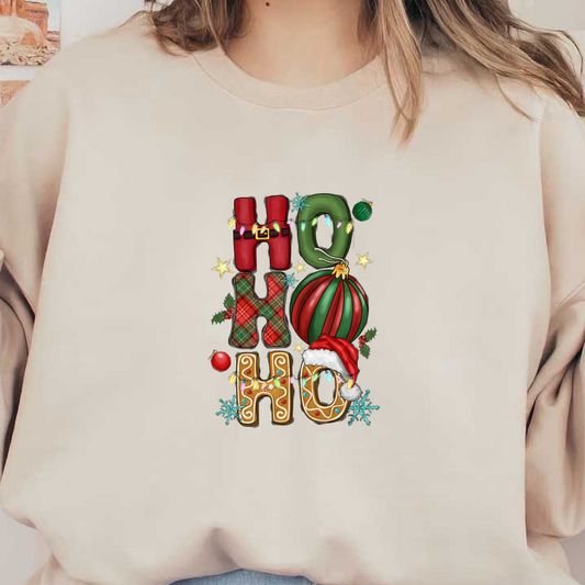 Colorful "HO HO HO" design featuring festive letters adorned with Christmas decorations, including a Santa hat and string lights.DTF Transfersdtf regular iron dtf prints