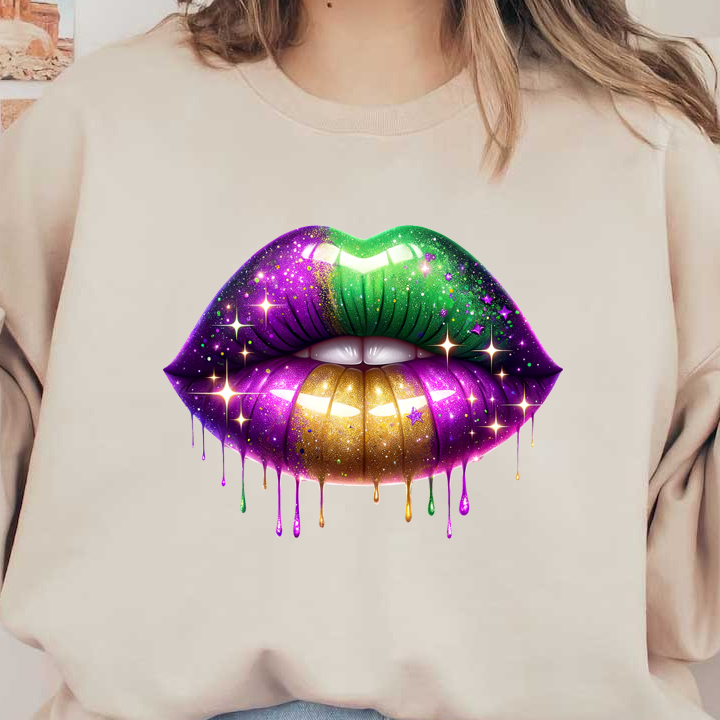 A dazzling close-up of lips adorned in vibrant green, purple, and gold glitter, dripping with shimmering colors and sparkles.DTF Transfers