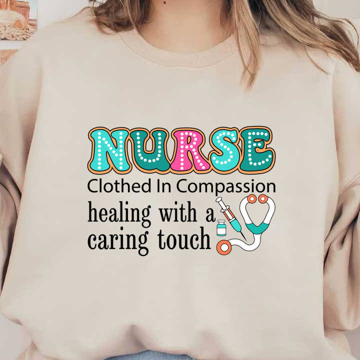 A colorful and playful design featuring the word "NURSE," accompanied by medical symbols like a syringe, vial, and stethoscope.DTF Transfers