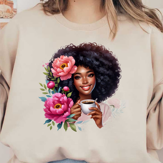 Una mujer alegre con un hermoso cabello rizado sostiene una taza de café, rodeada de vibrantes flores rosas, que irradian alegría y calidez.