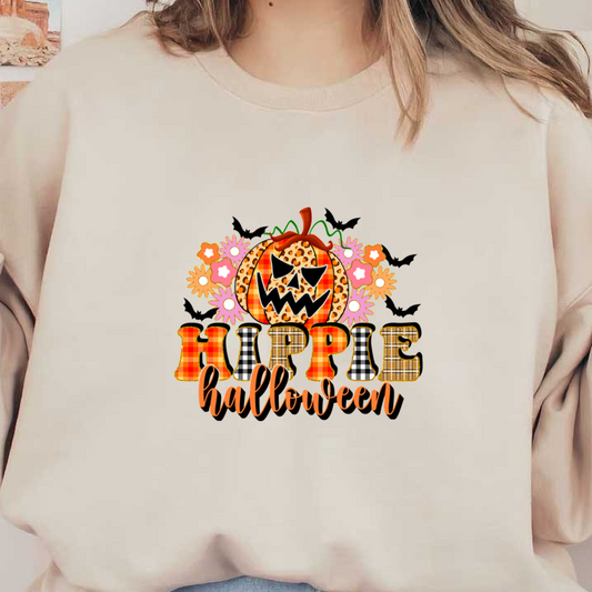 Colorful "Hippie Halloween" design featuring a playful jack-o'-lantern surrounded by flowers, perfect for festive seasonal decor!dtf regular iron