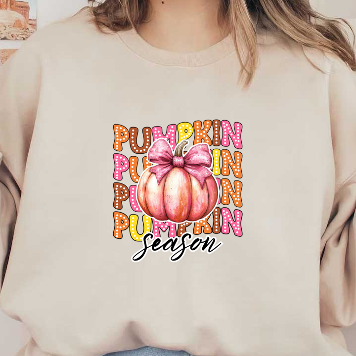 Celebrate autumn with a whimsical pink pumpkin adorned with a bow, highlighting the fun "Pumpkin Season" theme!dtf regular iron