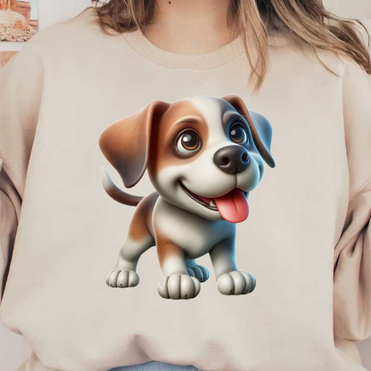 ¡Conoce a este adorable cachorro de dibujos animados con una expresión juguetona, pelaje marrón y blanco y una cola que se mueve!