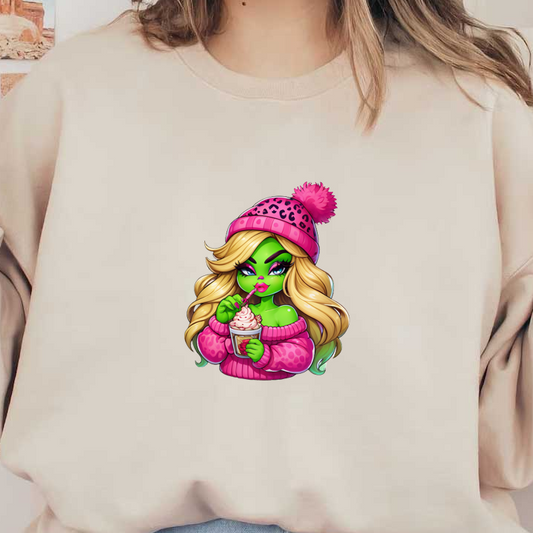 Celebrating a vibrant style, this playful green character enjoys a sweet treat while sporting a cozy pink sweater and hat.DTF Transfers dtf prints