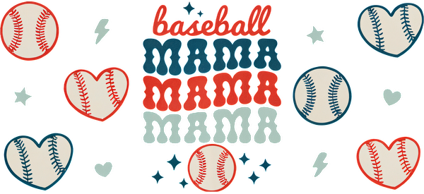 Colorful illustration featuring "baseball mama" text surrounded by baseballs, hearts, and stars, celebrating sports and motherhood.UV Transfers dtf transfersdtf regular iron