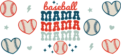 Colorful illustration featuring "baseball mama" text surrounded by baseballs, hearts, and stars, celebrating sports and motherhood.UV Transfers dtf transfersdtf regular iron