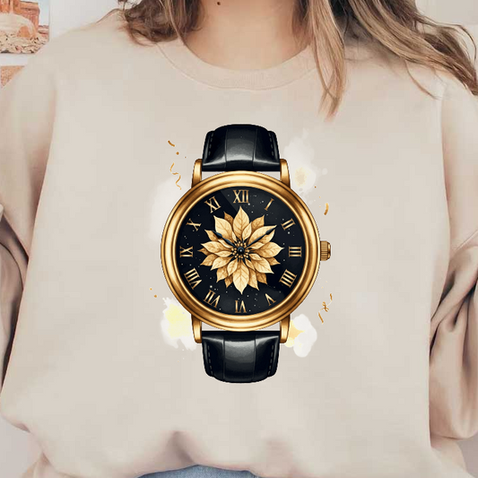 Elegant gold-tone watch featuring a striking floral design on a black dial, complemented by a sleek black leather strap.DTF Transfers