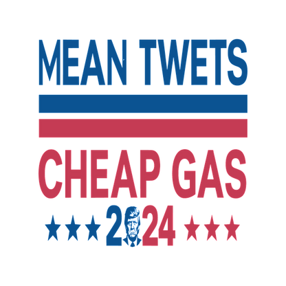 Un gráfico audaz que presenta el texto "Mean Tweets Cheap Gas 2024" en rojo y azul, acentuado con estrellas para un tema político lúdico.