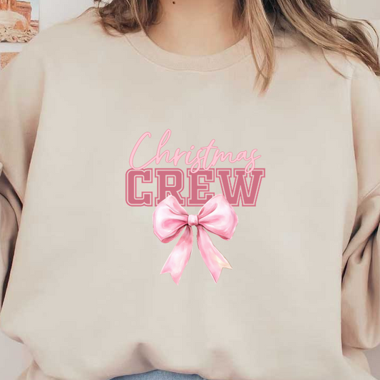 Festive "Christmas Crew" design featuring a charming pink bow, perfect for holiday gatherings and celebrations. heat press transfers