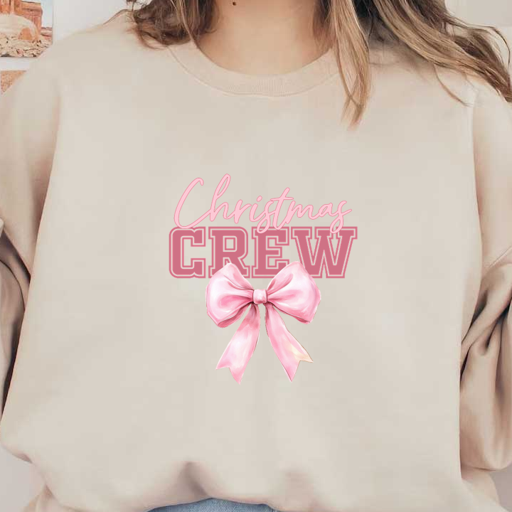 Festive design featuring a pink bow with "Christmas Crew" text, perfect for holiday gatherings and cheerful celebrations.dtf regular iron