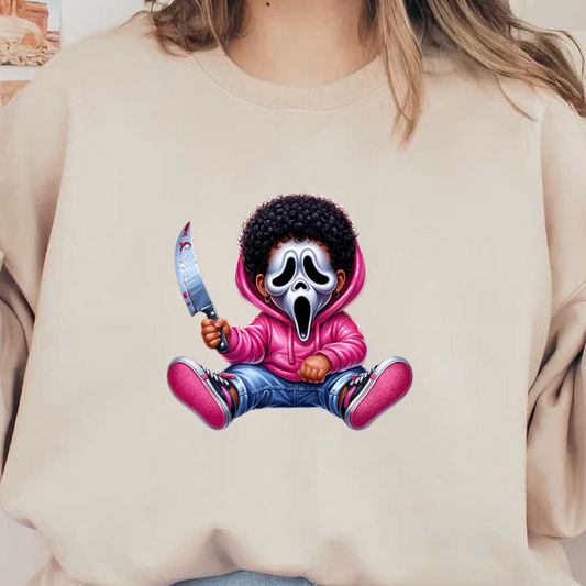 Un personaje de dibujos animados divertido con una máscara icónica, sosteniendo un cuchillo, vestido con una sudadera con capucha rosa y jeans azules.
