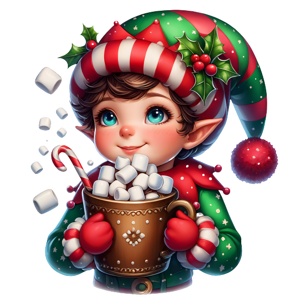 A cheerful elf in a festive outfit holds a cup of hot cocoa topped with marshmallows, surrounded by holiday cheer.DTF Transfers dtf prints