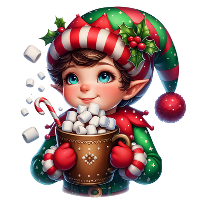 A cheerful elf in a festive outfit holds a cup of hot cocoa topped with marshmallows, surrounded by holiday cheer.DTF Transfers dtf prints