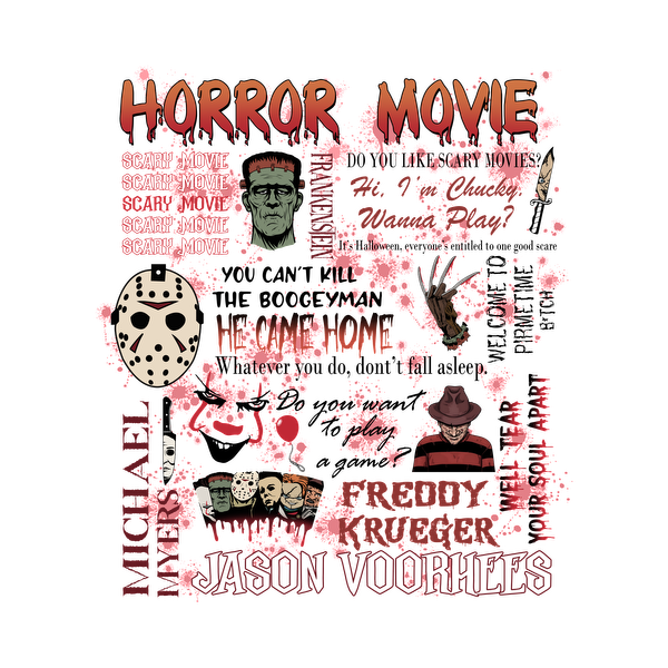 A vibrant horror movie-themed graphic featuring iconic characters like Jason Voorhees, Freddy Krueger, and Frankenstein, splashed with blood-red accents. heat press transfers