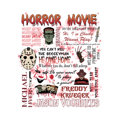 A vibrant horror movie-themed graphic featuring iconic characters like Jason Voorhees, Freddy Krueger, and Frankenstein, splashed with blood-red accents. heat press transfers