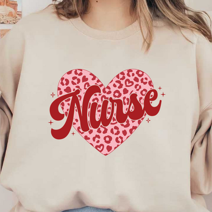 A vibrant heart design featuring the word “Nurse” in bold red letters against a playful pink leopard print background.DTF Transfers