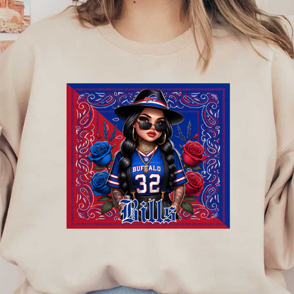 A vibrant illustration features a stylish woman in a Buffalo Bills jersey surrounded by blue and red roses, embodying team spirit. heat press transfers