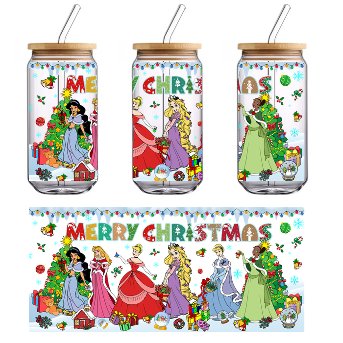 A festive illustration featuring beloved princesses in elegant holiday attire, celebrating Christmas with vibrant decorations and gifts.UV Transfers dtf prints