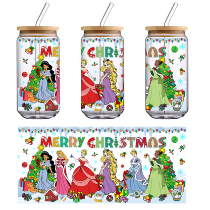 A festive illustration featuring beloved princesses in elegant holiday attire, celebrating Christmas with vibrant decorations and gifts.UV Transfers dtf prints