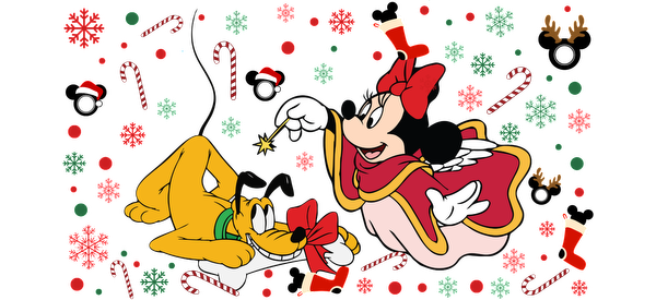 Minnie Mouse, dressed in a festive outfit, joyfully interacts with Pluto amidst a cheerful holiday backdrop of candy canes and decorations.UV Transfers