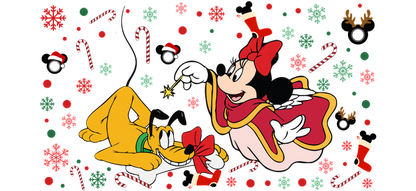 Minnie Mouse, dressed in a festive outfit, joyfully interacts with Pluto amidst a cheerful holiday backdrop of candy canes and decorations.UV Transfers