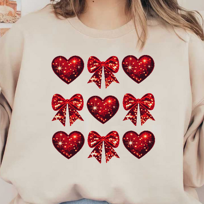 A vibrant collection of red hearts and bows, adorned with sparkling details for a festive and cheerful aesthetic.DTF Transfers