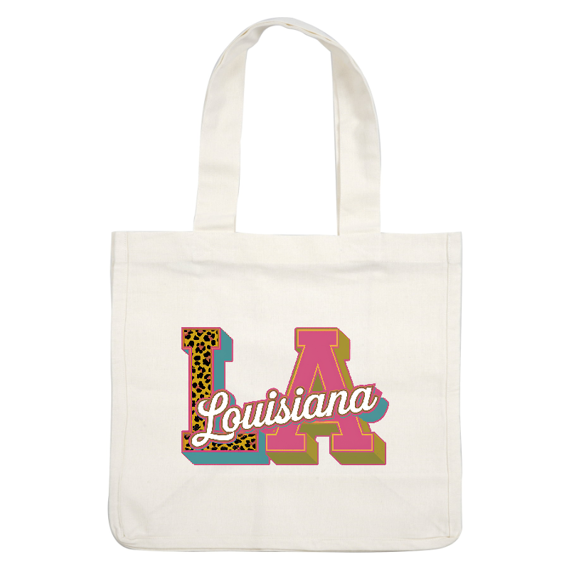 Colorful and stylish "I Louisiana" graphic featuring bold letters with leopard print and vibrant accents, perfect for showcasing Louisiana pride!DTF Transfers