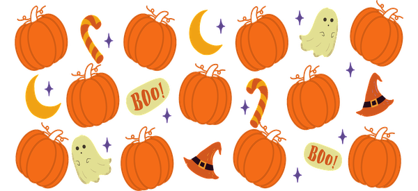 A fun Halloween-themed pattern featuring orange pumpkins, ghosts, candy canes, crescent moons, and playful "Boo!" messages.UV Transfers dtf transfers