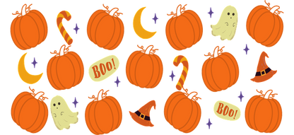 A fun Halloween-themed pattern featuring orange pumpkins, ghosts, candy canes, crescent moons, and playful "Boo!" messages.UV Transfers dtf transfers