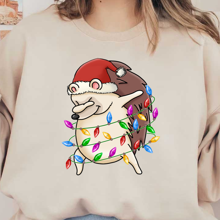 A cheerful cartoon hedgehog wearing a Santa hat, playfully wrapped in colorful Christmas lights. heat press transfers