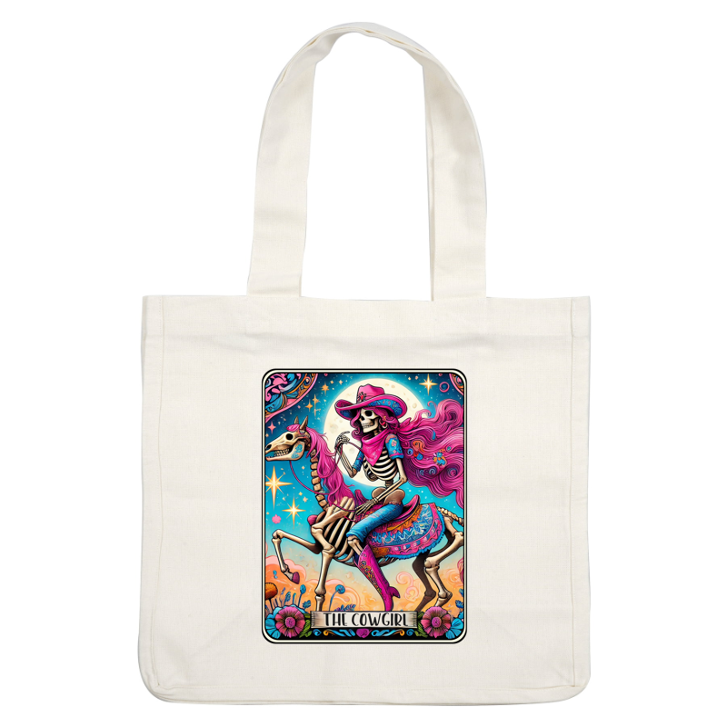 A vibrant depiction of a skeleton cowgirl riding a colorful horse, adorned with floral elements and a starry backdrop.dtf regular iron