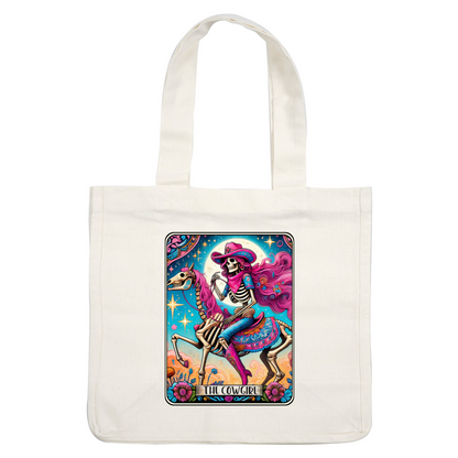 A vibrant depiction of a skeleton cowgirl riding a colorful horse, adorned with floral elements and a starry backdrop.dtf regular iron