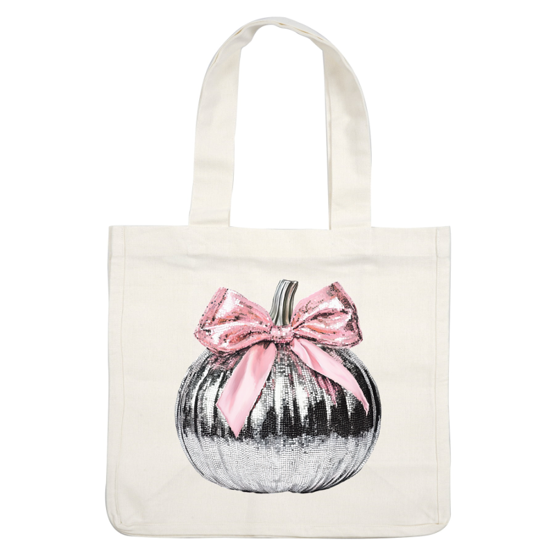 This stylish pumpkin features a shiny silver exterior adorned with a pink bow, perfect for a chic autumn decor.