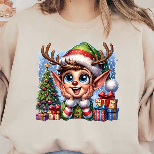 A cheerful elf with antlers, wearing a festive green and red outfit, surrounded by Christmas gifts and a decorated tree.DTF Transfers dtf prints