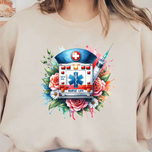 A vibrant design featuring an ambulance adorned with colorful flowers and a syringe, celebrating the essence of "Nurse Life."DTF Transfers