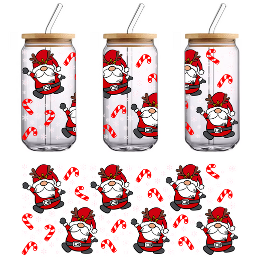 A festive pattern featuring cheerful Santas in red suits surrounded by candy canes and snowflakes, perfect for holiday decor.UV Transfers dtf prints