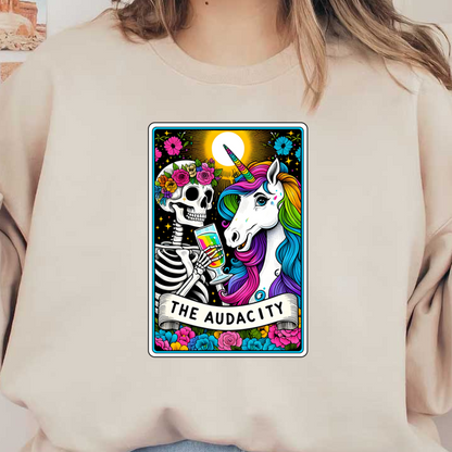 A colorful illustration featuring a skeleton with flowers and a unicorn, both holding drinks, titled "THE AUDACITY." dtf prints