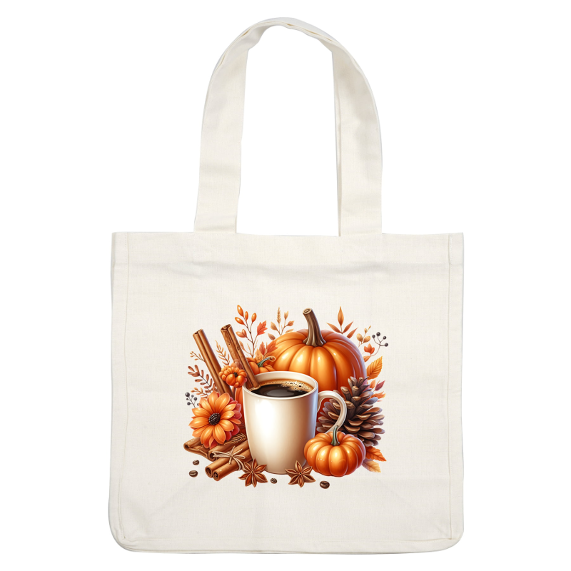 Una acogedora escena otoñal con una taza de café humeante rodeada de calabazas, ramas de canela, flores y piñas.