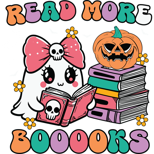 Un simpático personaje fantasma con un lazo de calavera lee un libro junto a libros coloridos apilados y una linterna de Halloween.