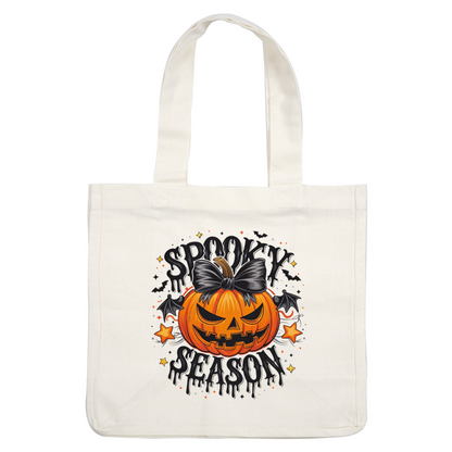 A playful Halloween design featuring a carved pumpkin with a bow, bats, and the phrase "Spooky Season." dtf prints
