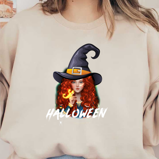 A vibrant Halloween-themed illustration featuring a young witch with flowing red hair, wearing a classic pointed hat and casting flames. dtf prints