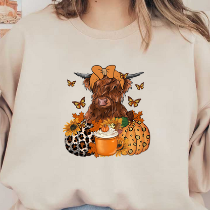 A charming illustration of a Highland cow adorned with a bow, surrounded by autumn leaves, sunflowers, butterflies, and cozy fall elements.dtf regular iron