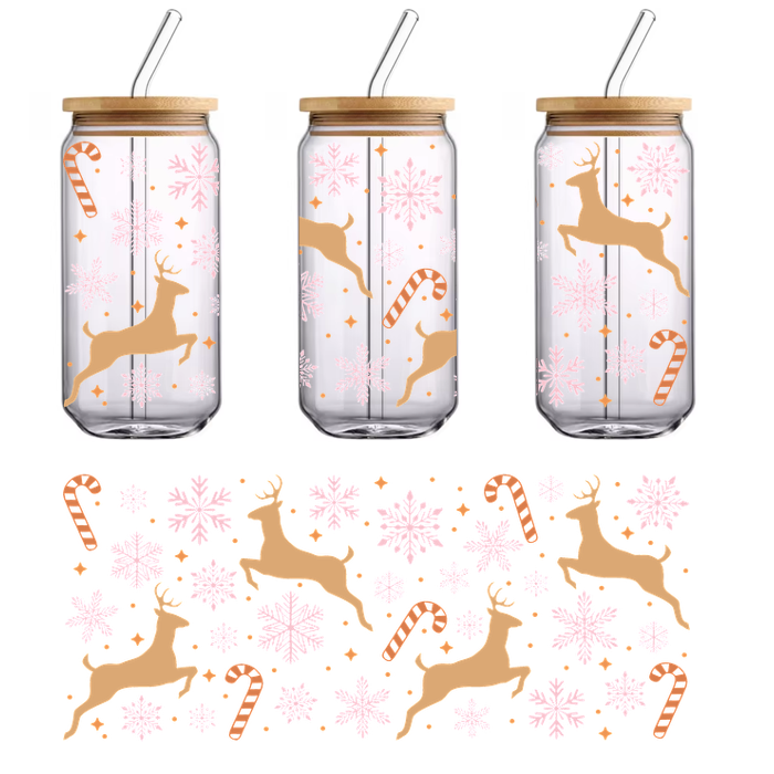 A festive pattern featuring playful reindeers, candy canes, and delicate snowflakes in soft pink and gold against a black background.UV Transfers dtf prints